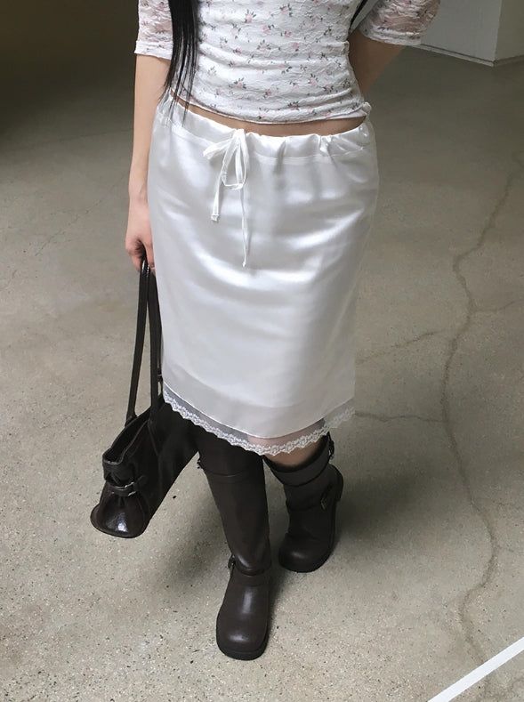 Oin Satin Lace Midi Skirt