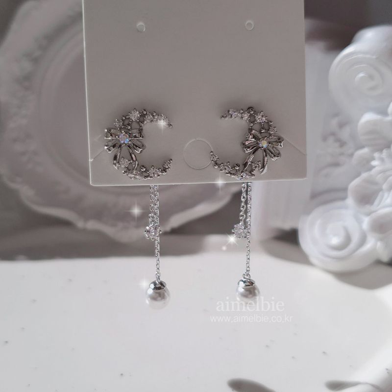  Dainty Ribbon and Moon Earrings - Silver