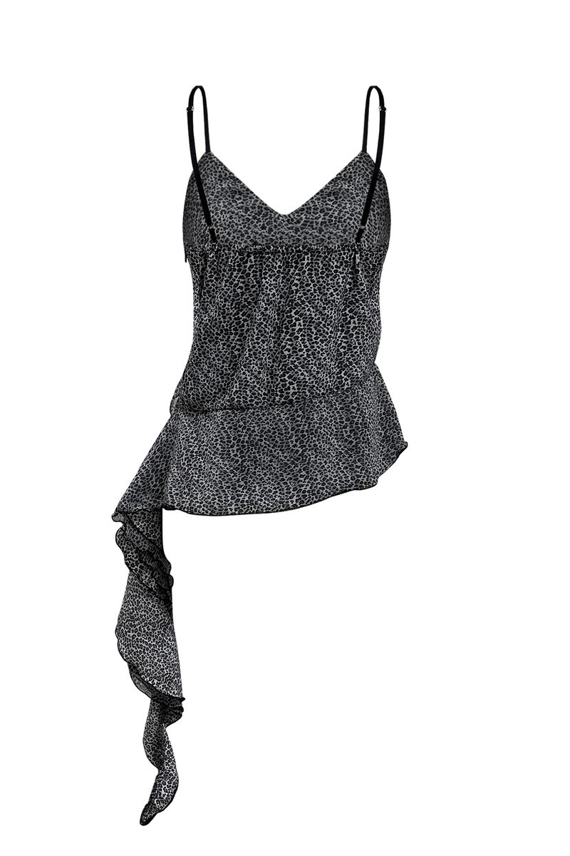 LEOPARD FRILL SLEEVELESS TOP / GRAY