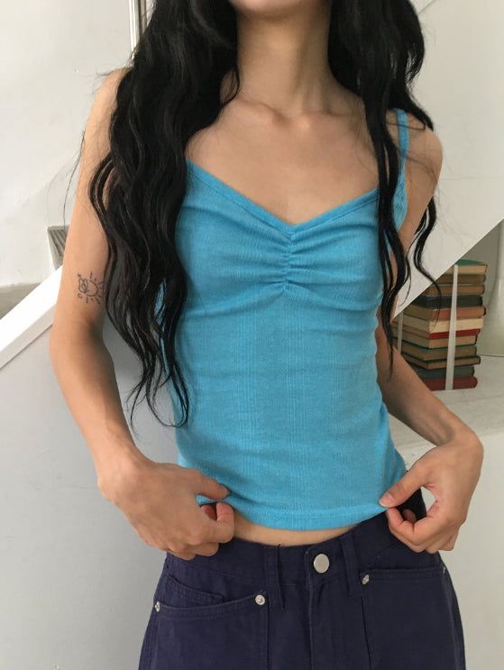 BAON（バオン）の「Orr Eyelet Punching Shirring V-Neck Strap Sleeveless（Tops）」