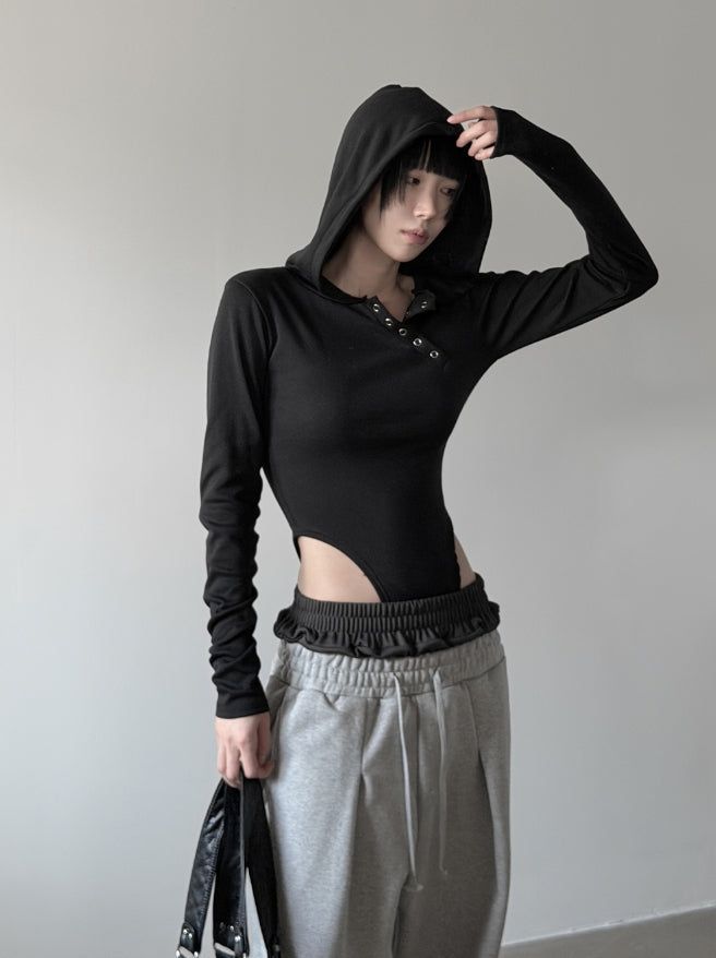 Cutout Bodysuit Unbalance Snap Hood