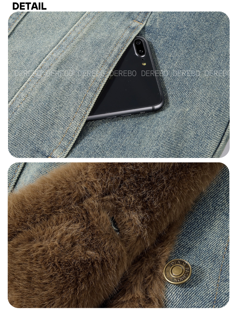soft mink high neck denim fur jacket
