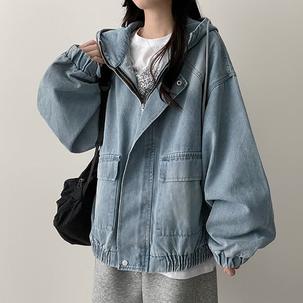 Delt Boxy Fit Two-Way Denim Hooded Jumper