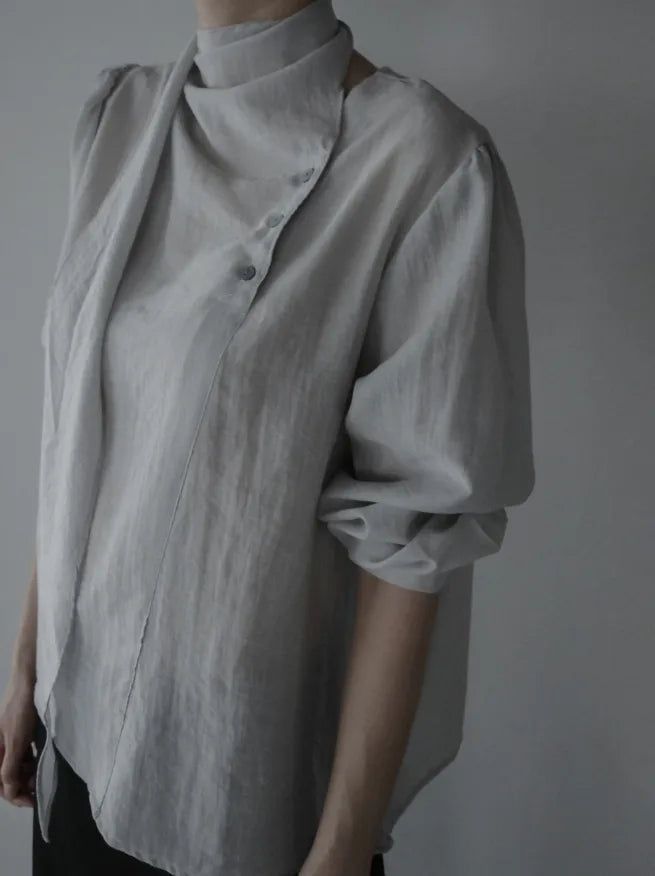 Noir Unbalance Button Scarf Blouse