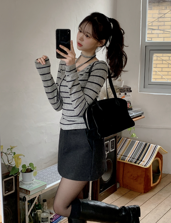 #Border Tie Point Slim Long Sleeve T-shirt (2color)