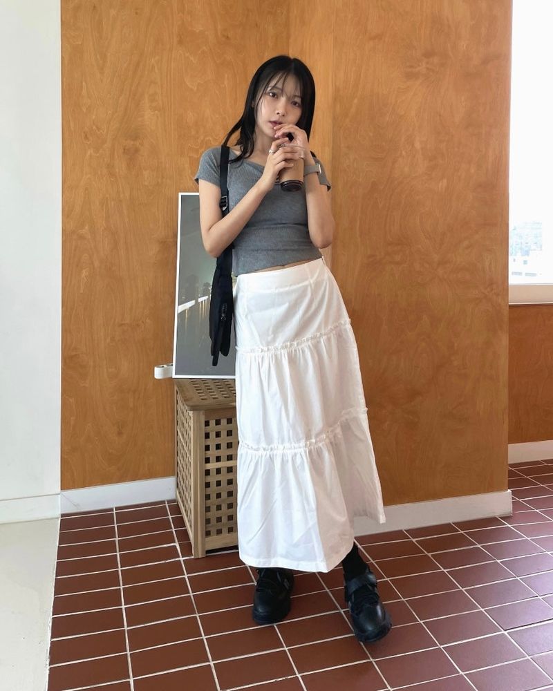 Pudie A-line Cotton Shirring Long Skirt 3C