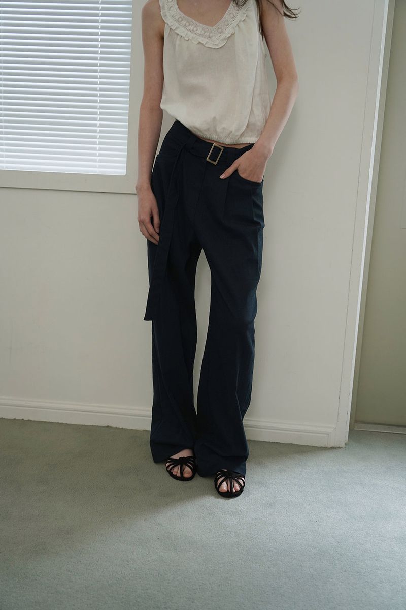 Linen belted pants_navy