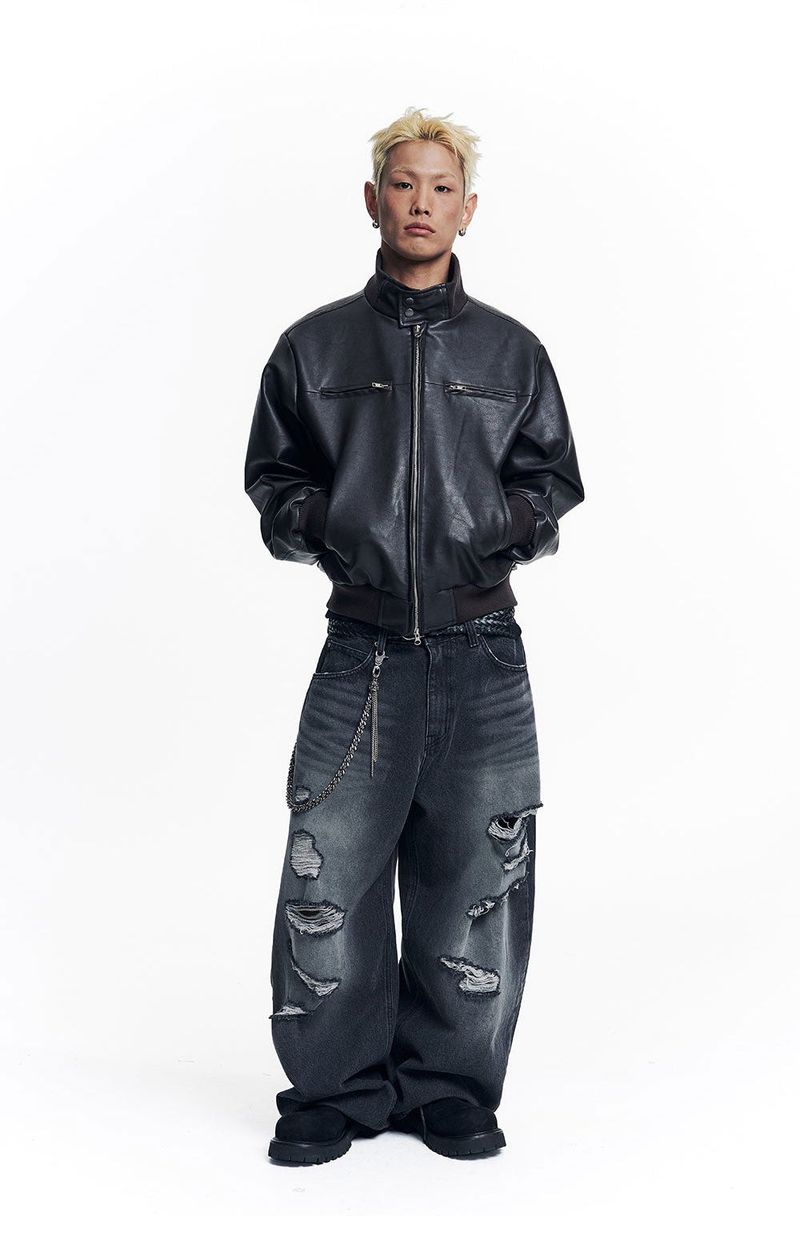 Distressed Curved Denim Pants - Black