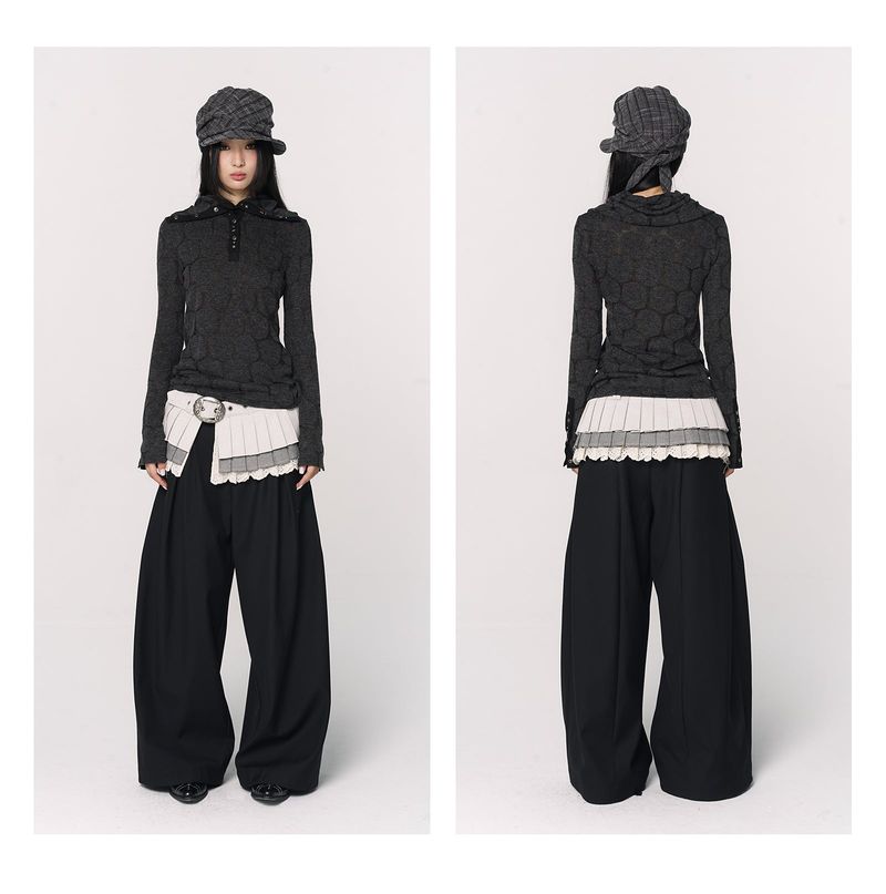 CONFUN Henry rivet patchwork lapel jacquard knitted slim top