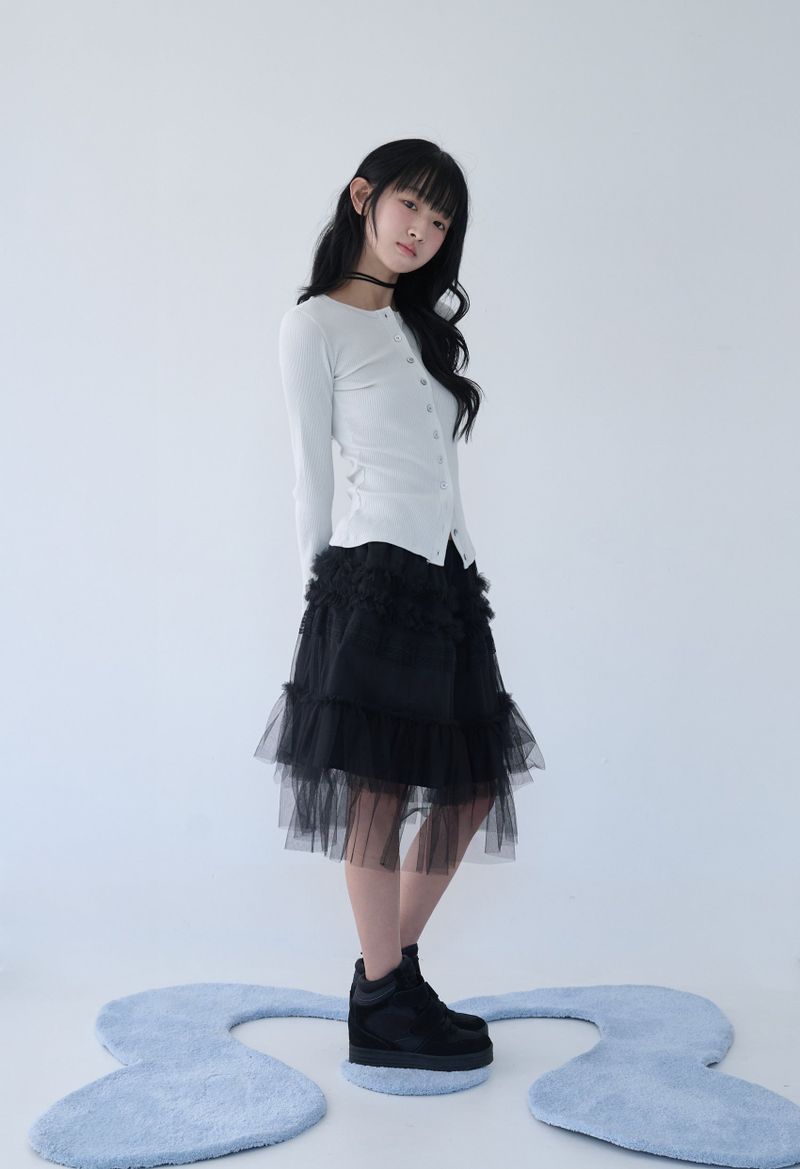 TULLE FRILL MIDI SKIRT BLACK
