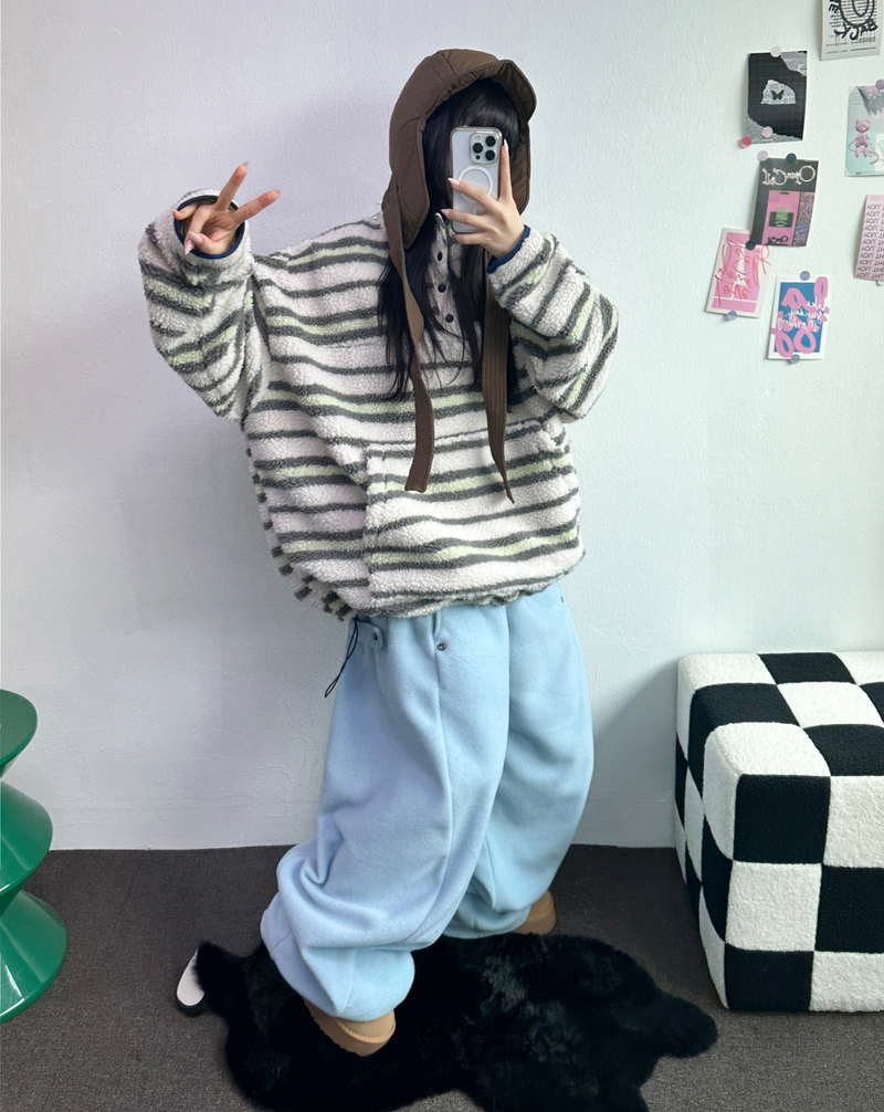 BOTH-SIDES FLEECE SNAP LONG PANTS 🧸🩵🤍6COLOR