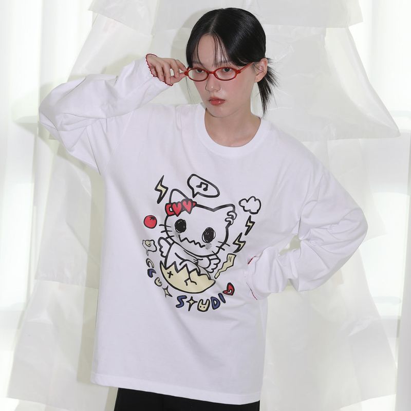 CLUT STUDIO（クラットスタジオ）の「Confused Cat T-shirt - WHITE（Tops）」