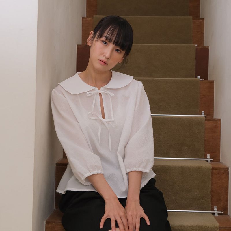 White Seersucker Ribbon Blouse