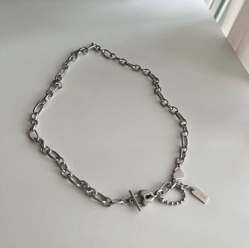halo Surgical Steel Heart Lock Drop Two-Line Necklace