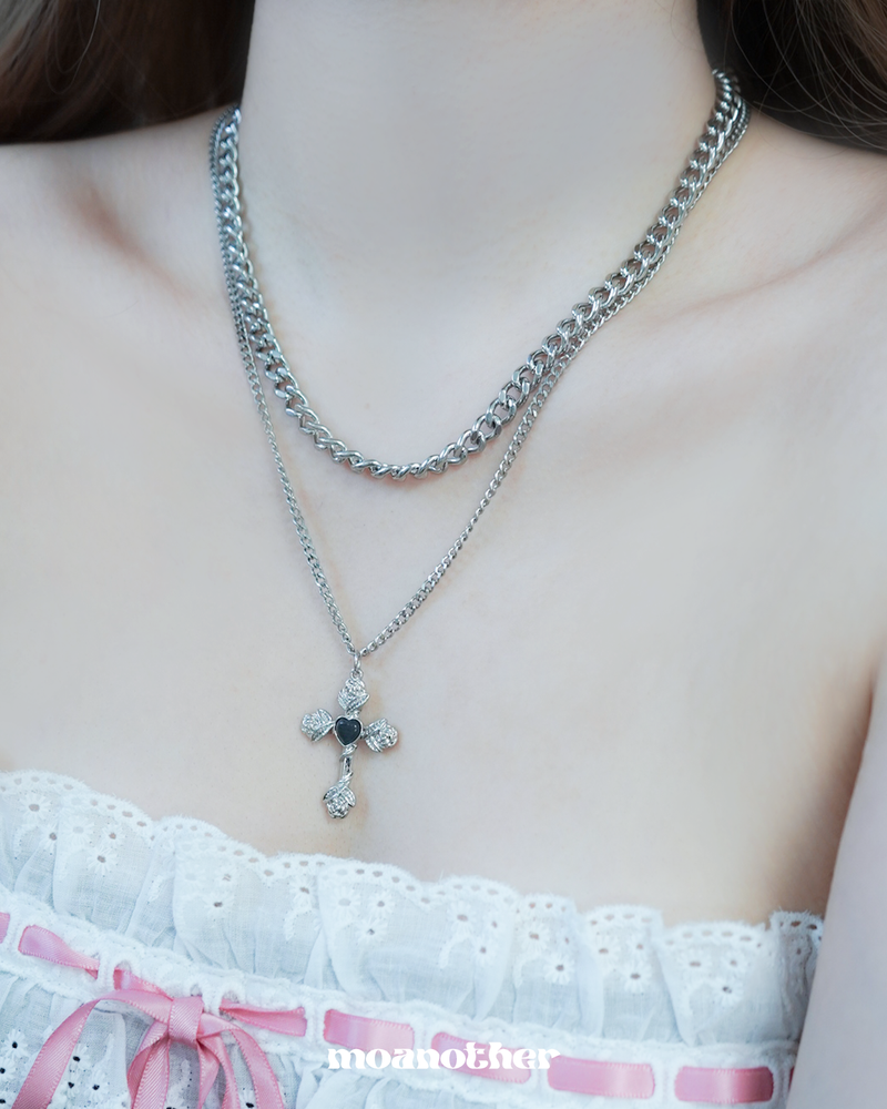 [S.Steel] Rose Cross Layered Necklcae