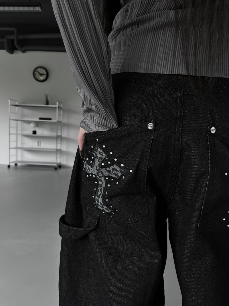 leopard cross stud balloon denim
