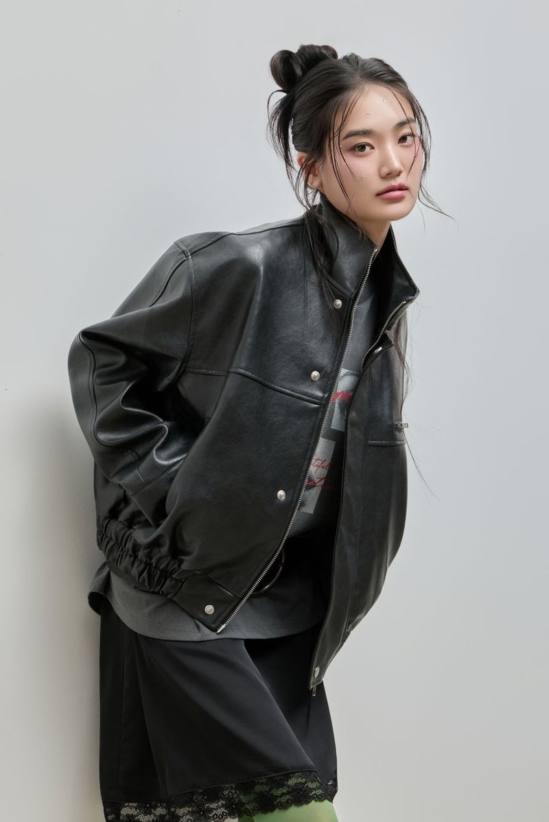 High-neck Leather Jacket_Black