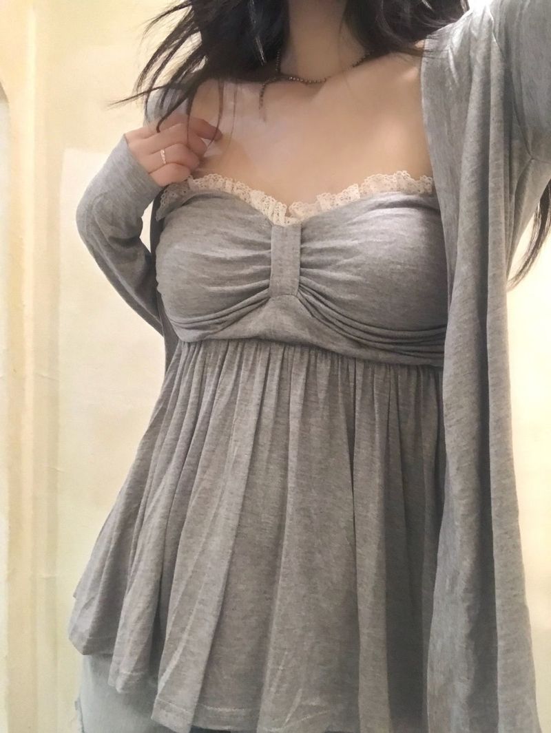 Needs Inner Cap Lace Flare Top & Cardigan SET