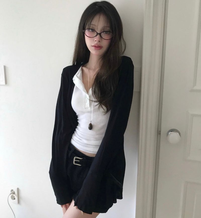 [glam] noid 3/4 sleeve button tee
