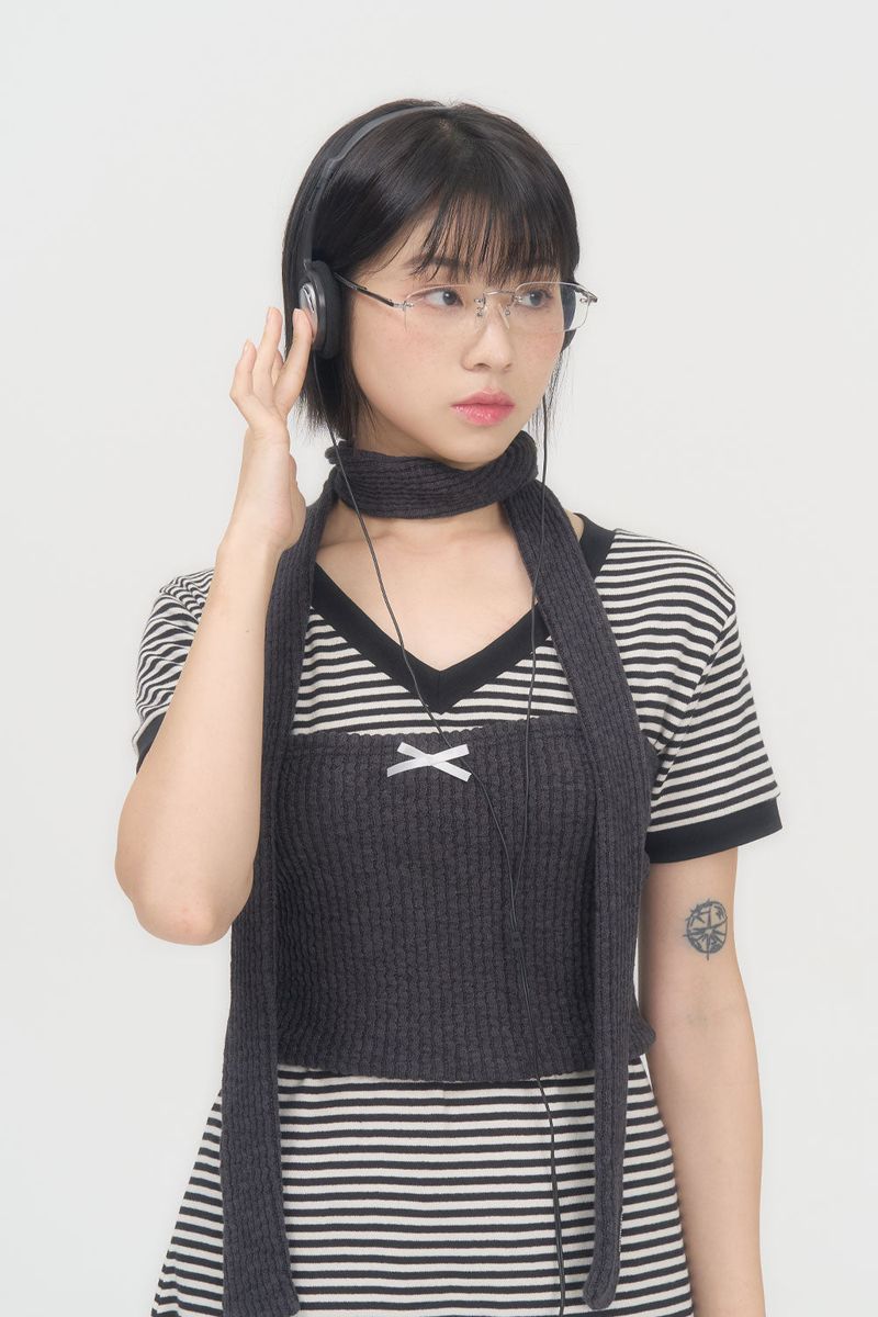 RIBBON KNIT TUBE TOP (CHARCOAL)