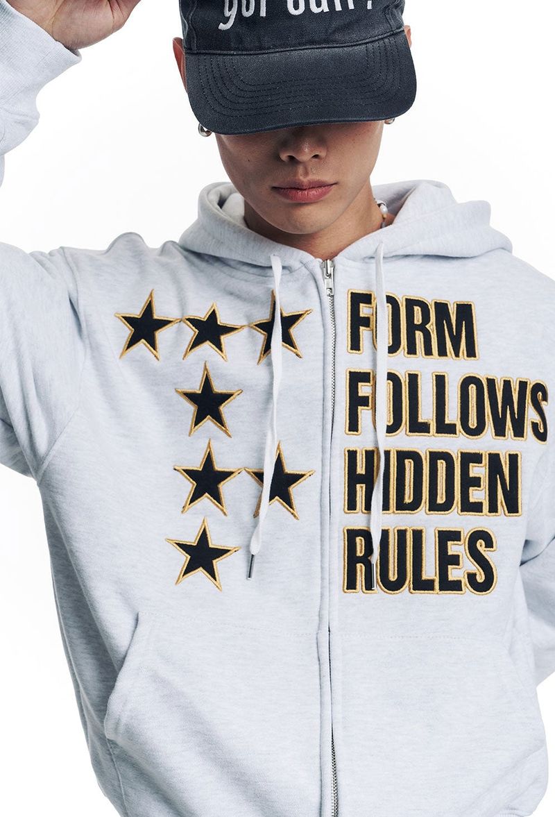 Star Lettering Patch Hoodie Zip-Up - White