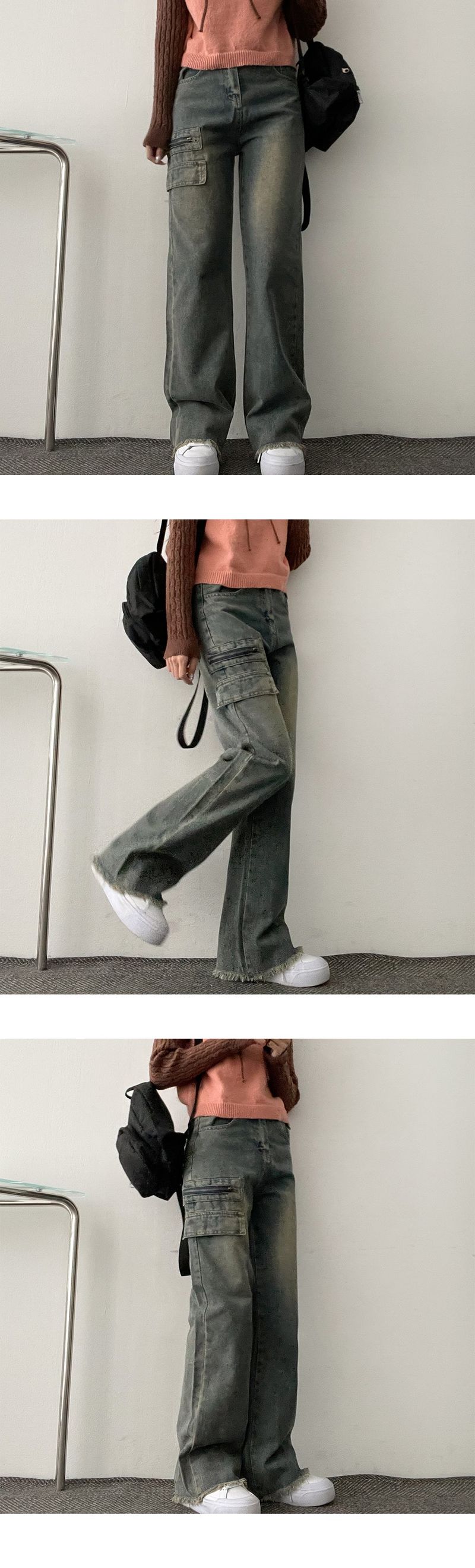 lock vintage cutting washing zipper pocket denim pants