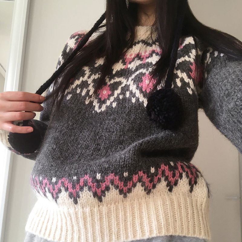 [Wool 10] Candle Heart Nordic Pattern Round Knit