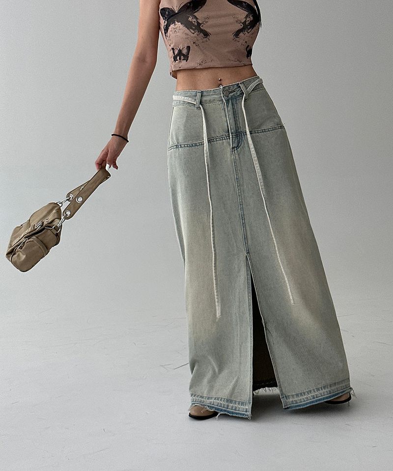 Strap belt Set Denim Long Skirt