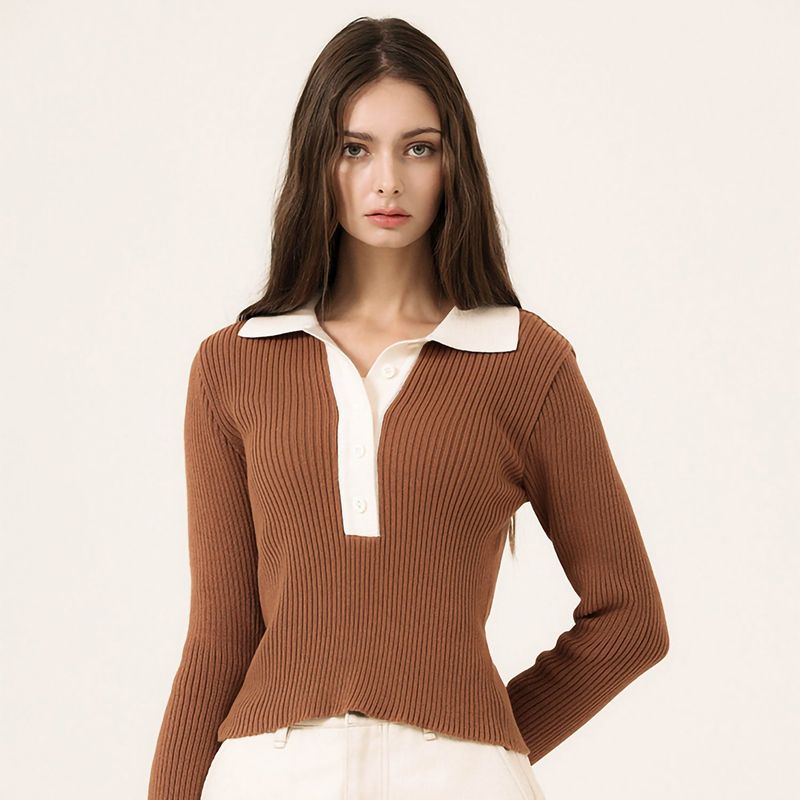 COLOR BLOCK LONG SLEEVED POLO KNIT - BROWN
