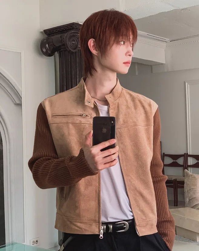 Laden Suede Knit Mix Crop Rider Jacket