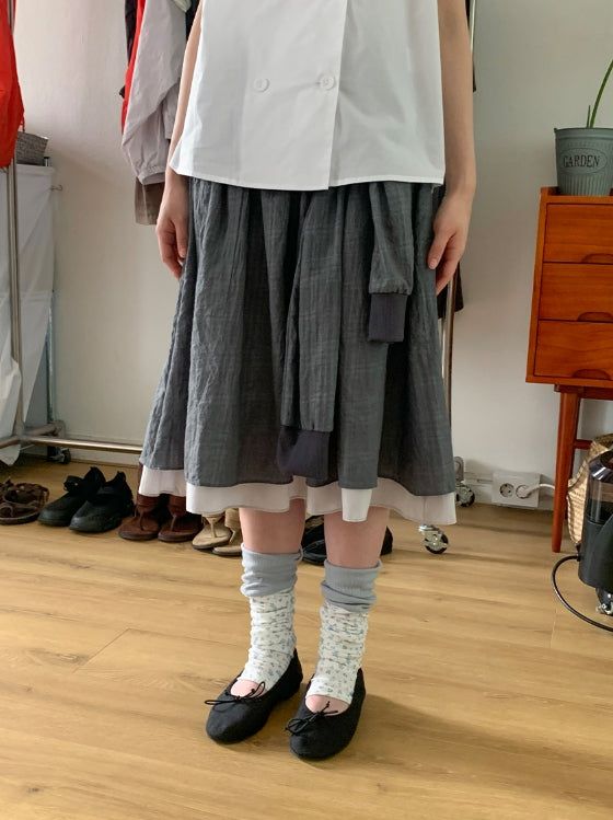 BAON（バオン）の「Karohi Sleeve Layered Check Shirring Midi Banding Skirt（Skirts）」
