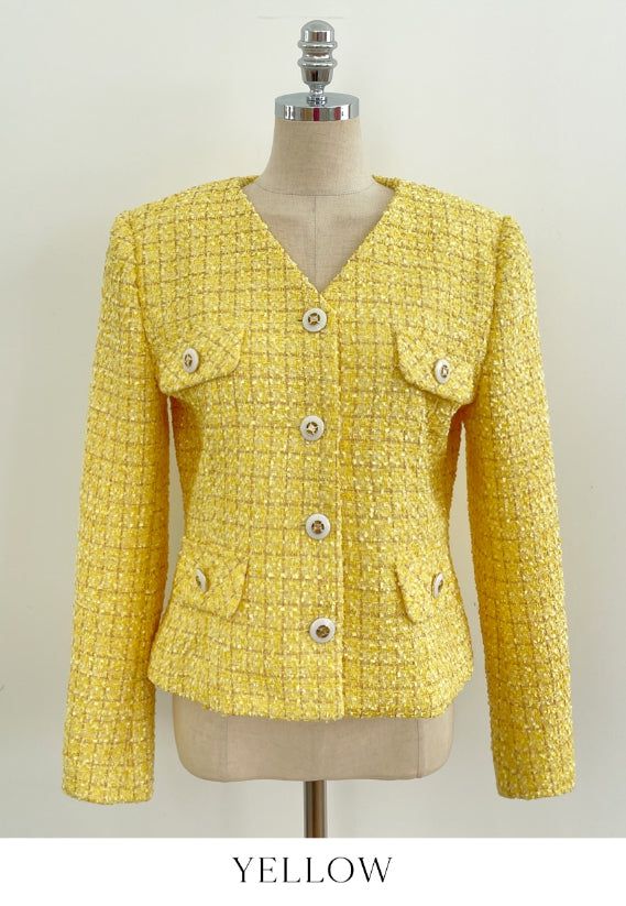 Bowl Check V-Neck Pearl Tweed Jacket