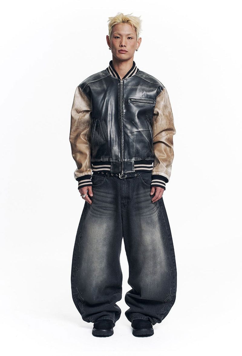 Dirty Washed Leather Varsity Jacket - Black