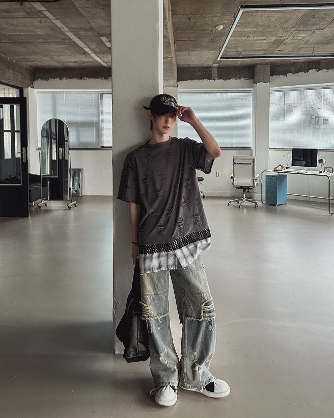 Clay Mud Washed Damaged Wide Denim