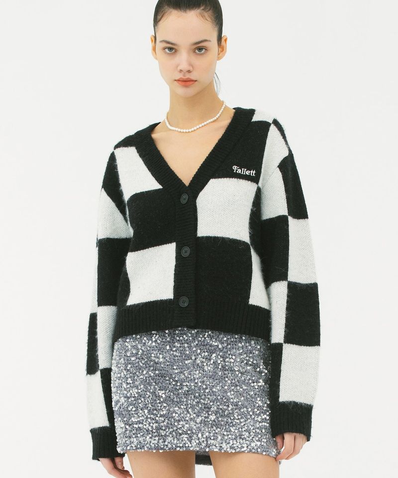 FALLETT（ファレット）の「CHECKERBOARD KNIT CARDIGAN BLACK（）」