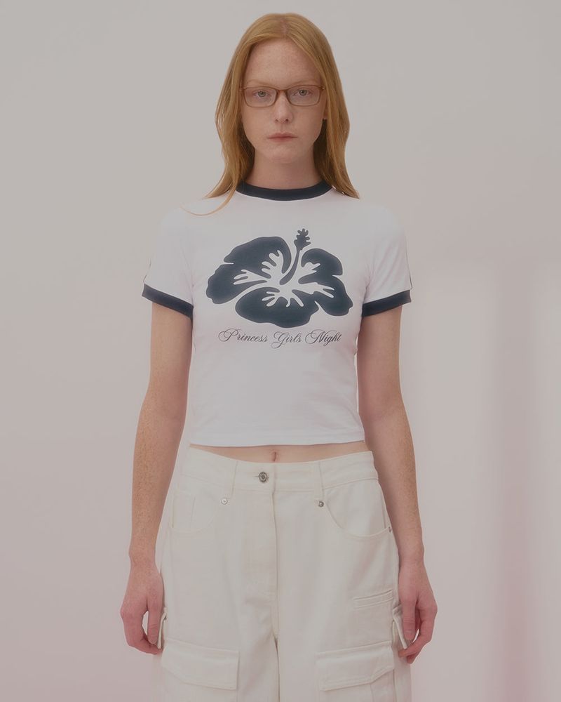 ALOHA FLOWER RINGER CROP TSHIRT-WHITE