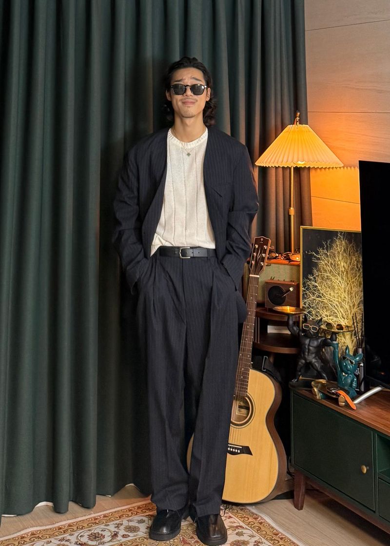 No-Collar Striped V-Zip Slacks 2COLOR