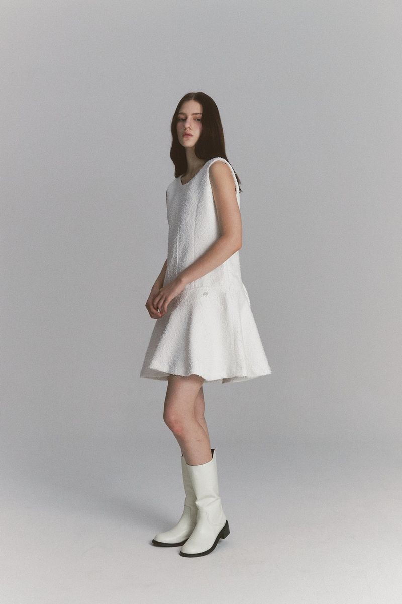 Back Ribbon Tweed Dress White