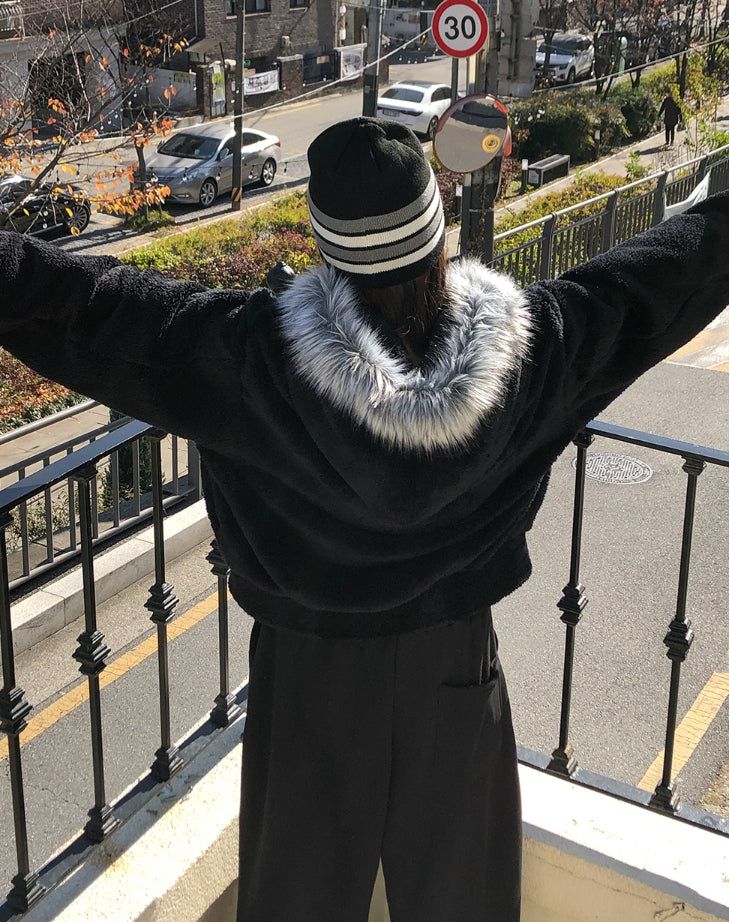 Fame Fleece Raccoon Fur Hooded Zip-Up