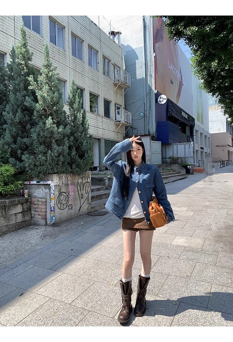 Blue casual gold button denim jacket