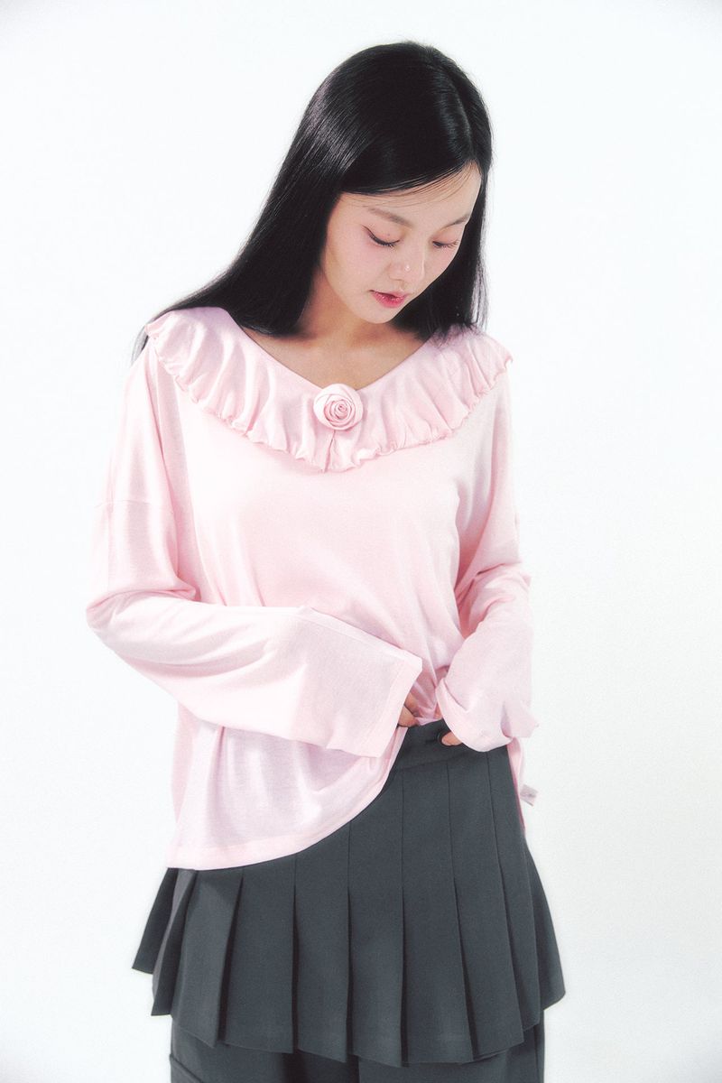 Rose Brooch Frill Long Sleeve Pink