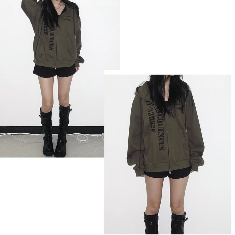 crest print heavy zip-up hoodie