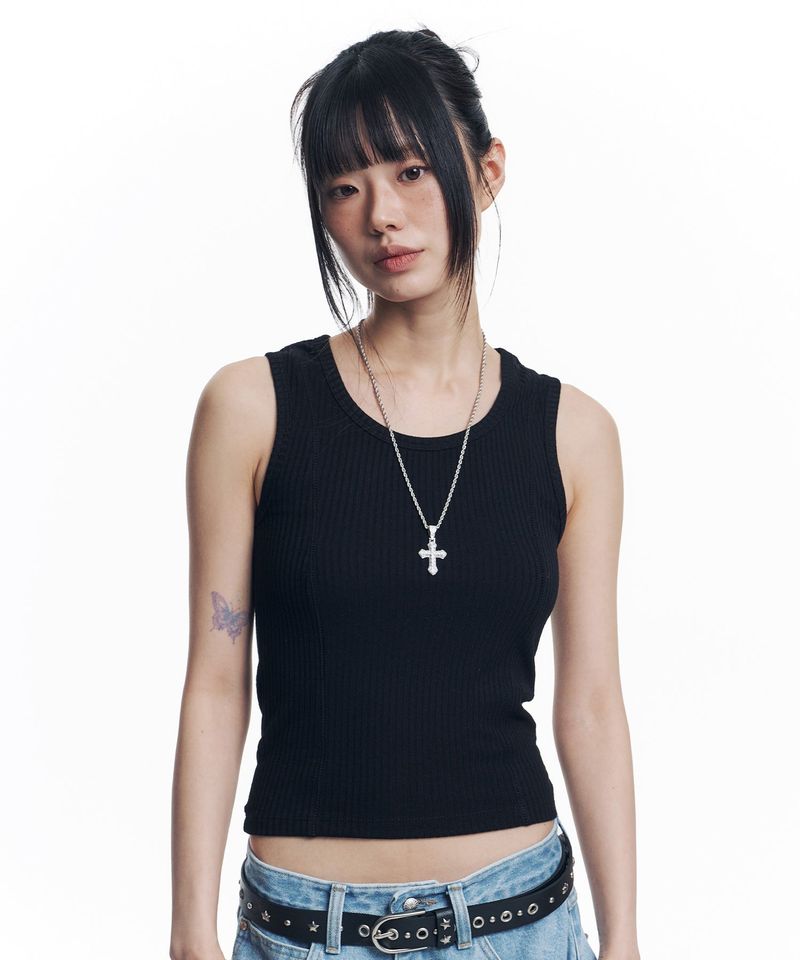 EASY NO EASY（イージーノーイージー）の「Ribbed Cutout Sleeveless - Black（Tops）」