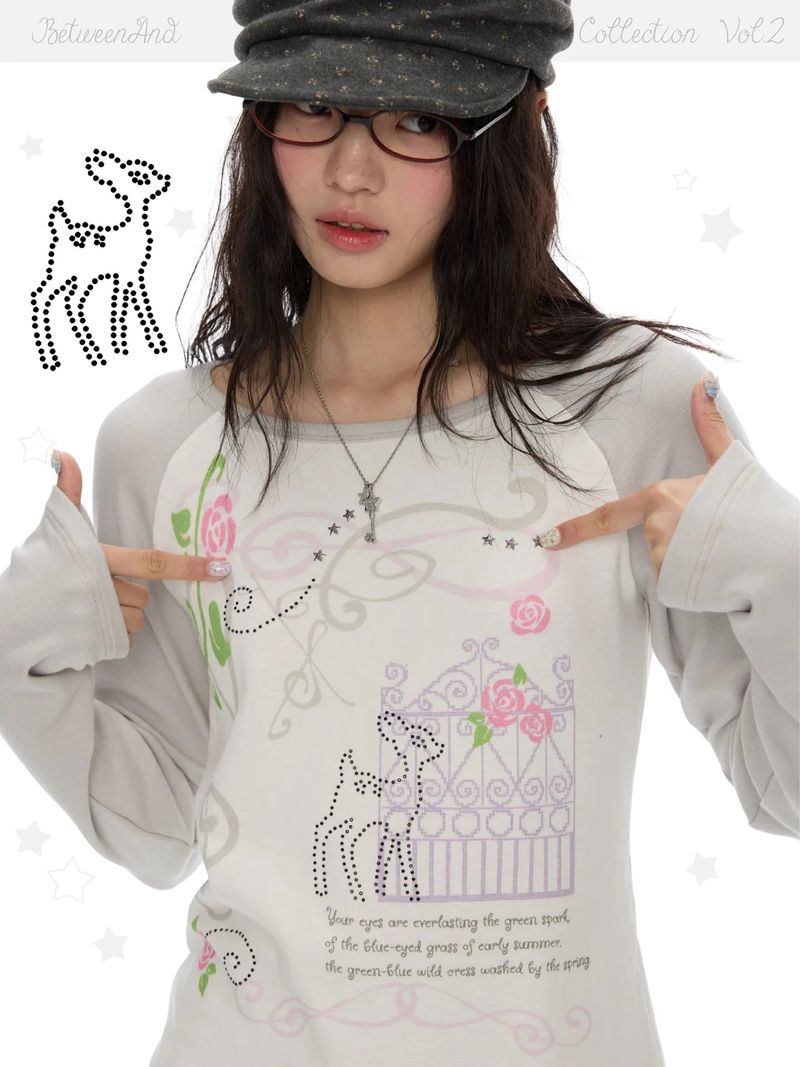 BETWEENAND（ビトゥウィーンアンド）の「BETWEENAND Women’s long-sleeved T-shirt with shoulder straps, printed with musical note and rose designs, for autumn use in the forest（Tops）」