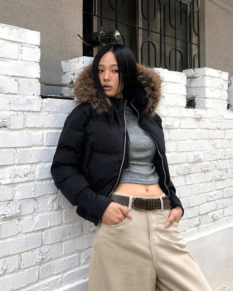 Eru Ribbed-hem Fur Hooded Short Padding Jacket