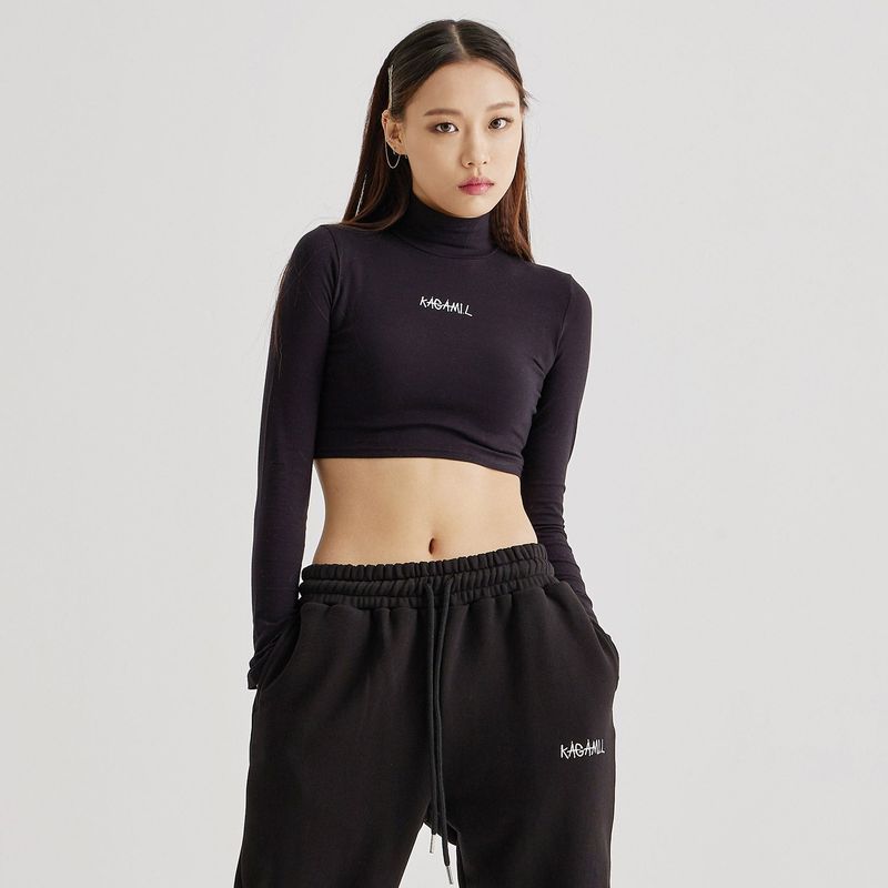 Crop Polo neck T Black
