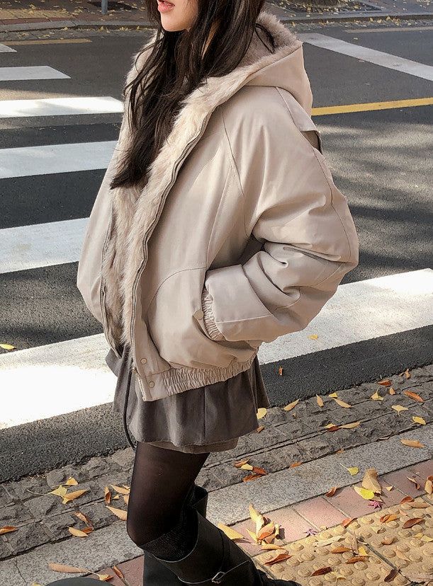 #Fur Hood Crop Zip-up Jumper (2color)
