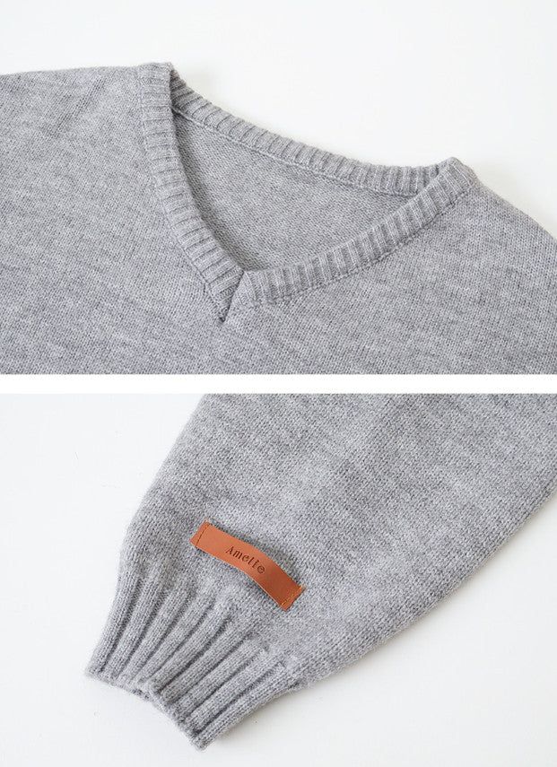 Amelie Leather Patch Loose V-neck Knit (6color)