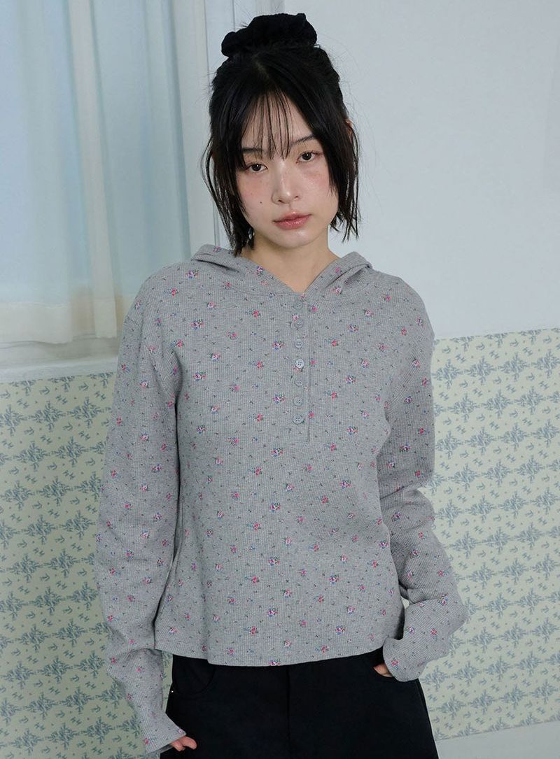 FLOWER WAFFLE BUTTON HOODIE - GRAY