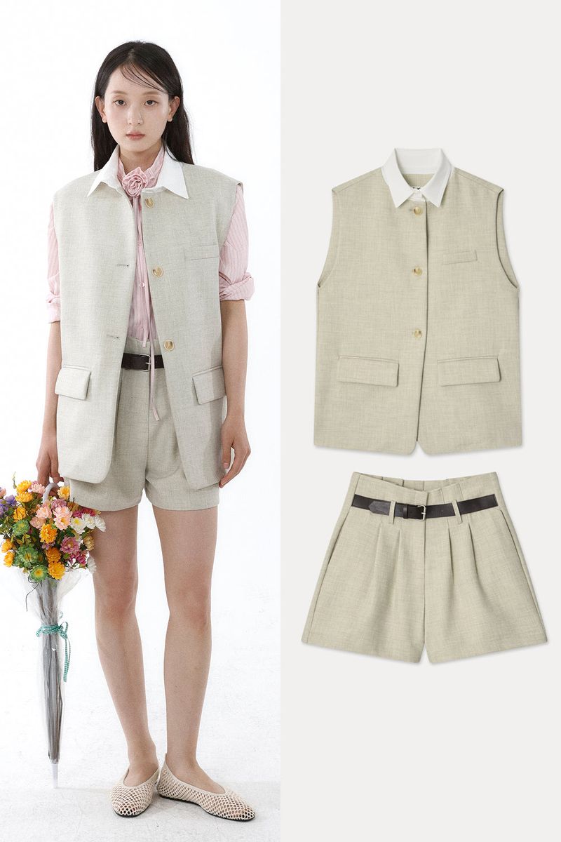 Loventina（ラヴェンティナ）の「[SET-UP] COLLARED SLEEVELESS JACKET, FRONT BELT SHORTS SET_SAND BEIGE（Setup）」